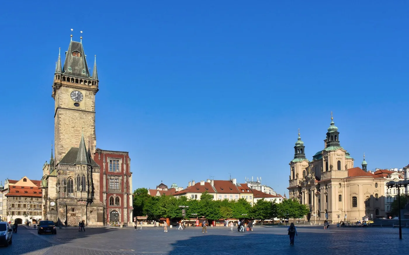Old Town Hall tower beside the open square in Prague