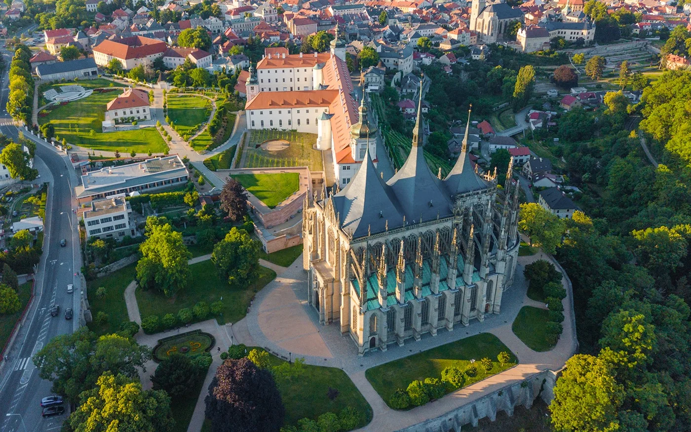 Aerial view of St Barbara’s Cathedral and its grounds in Kutná Hora