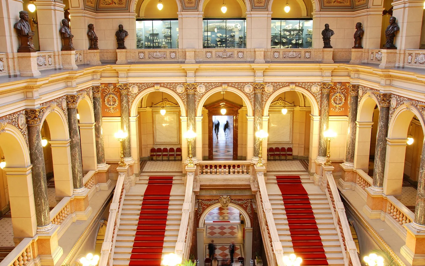 Grand staircase and arcades inside Prague’s National Museum